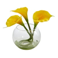 כמעט טבעי 9 סידור פרחים מלאכותי של Calla Lily באגרטל זכוכית מעוגל, צהוב