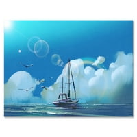 סירת המפרש על הים הכחול נגד ענני קיץ שמים ציור בד הדפס אמנות