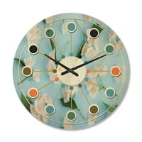עיצוב 'יסמין פרחים לבנים על כחול בהיר' שעון קיר עץ מודרני של אמצע המאה
