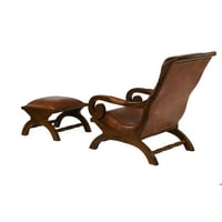 Decmode כיסא מבטא מעוגל מעץ מסורתי עם עות'מאני, סט של 36 W 16 H כולל גימור עץ עור חום אדמדם